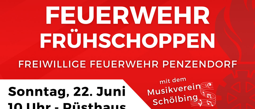 Rotes Plakat mit weißem Text: 'Feuerwehr Ruheshoppe'. Unten: 'Rusthaus, 22. Juni'. Rechts: 'mit dem Musikverein Schoelbing'.