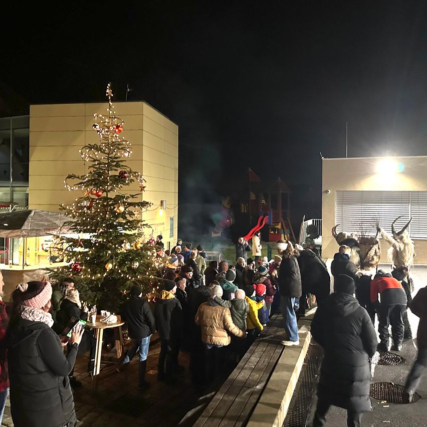 Eine Menschenmenge, darunter Kinder, versammelt sich um einen geschmückten Weihnachtsbaum im Freien bei Nacht. Einige Leute tragen Mützen und Mäntel. In der Nähe befinden sich Gebäude, ein Spielplatz und Rentierstatuen.