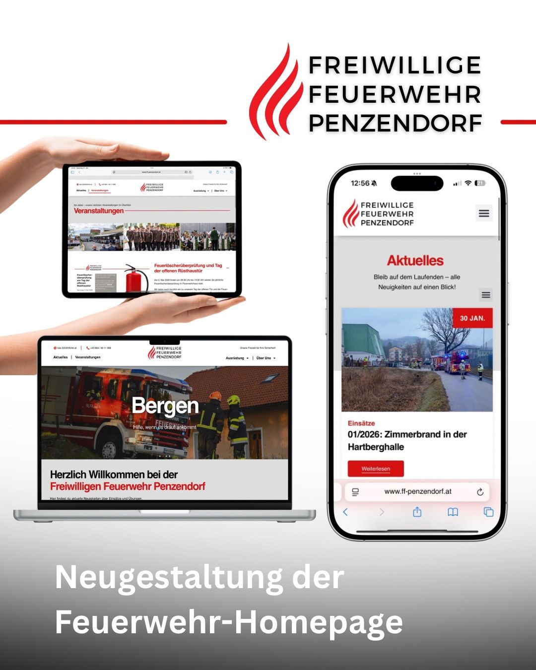 Screenshots der Website einer Freiwilligen Feuerwehr auf einem Tablet und einem Smartphone. Die Website zeigt einen Artikel über einen Vorfall in Hartberghalle. Der Smartphone-Bildschirm zeigt die Startseite der App mit den neuesten Nachrichten.
