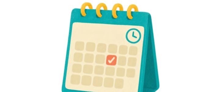 Ein grüner Kalender, ein blauer und weißer Planer, ein rotes Regelbuch, eine lila Figur, ein Stapel Bücher und ein Händedruck-Symbol.