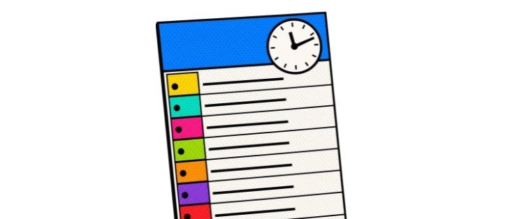 Eine Sammlung von Symbolen, darunter ein Kalender, ein Regelbuch, ein Stapel Bücher, eine Person und eine Handschüttel.