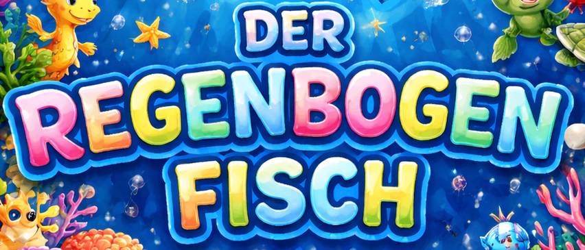 Eine Illustration eines Regenbogenfischs im Ozean mit Blasen, Korallenriffen und anderen Meerestieren. Der Titel ist auf Deutsch und lautet 'Der Regenbogen Fisch'.