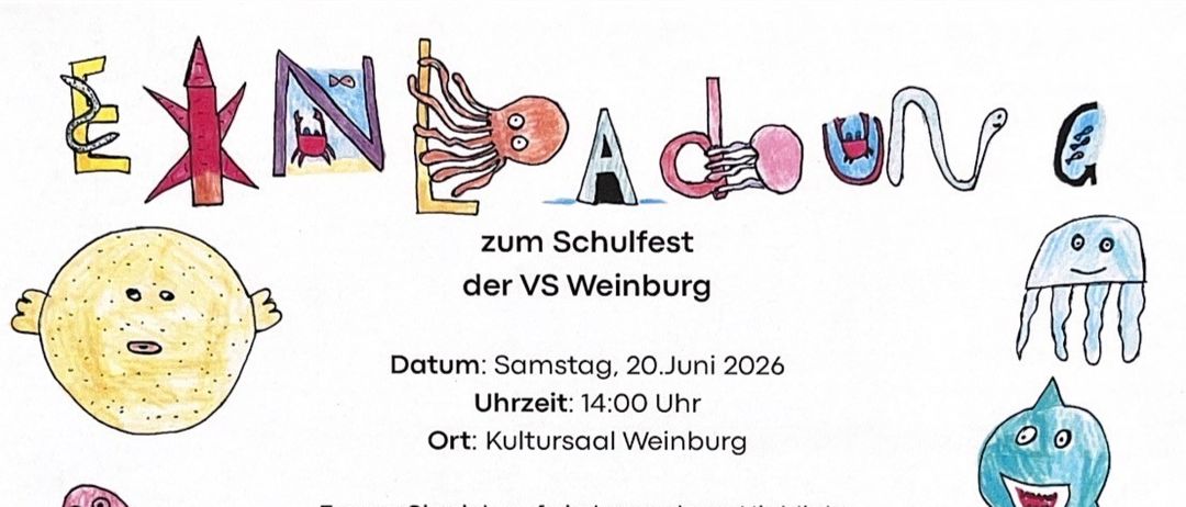 Plakat für eine Schulveranstaltung, VS Weinburg, am Samstag, 20. Juni 2026, um 14:00 Uhr im Kultursaal Weinburg. Bietet eine musikalische Aufführung von Schülern mit dem Titel 'Der Regenbogenfisch'. Eltern sind herzlich eingeladen, mit ihren Kindern teilzunehmen.