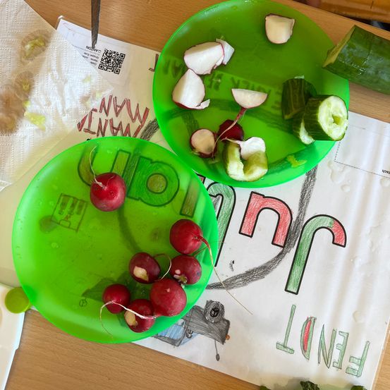 Zwei grüne Teller mit gehackten Radieschen und Gurken auf einem Holztisch. Die Teller sind mit frischem Gemüse gefüllt.