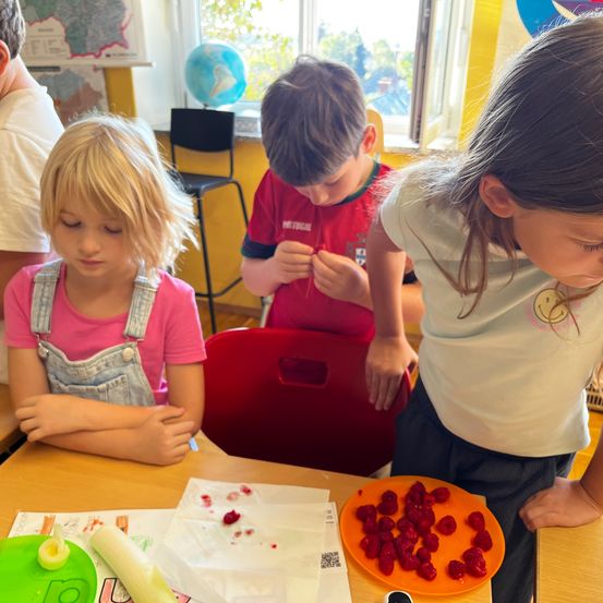 Drei Kinder sind in einem Klassenzimmer. Ein Mädchen in einem weißen Shirt und ein Junge in einem roten Shirt stehen, während ein Mädchen in einem rosa Shirt sitzt. Sie scheinen eine Kunstaktivität mit einem Teller mit Beeren und einer Kugel an der Wand zu machen.