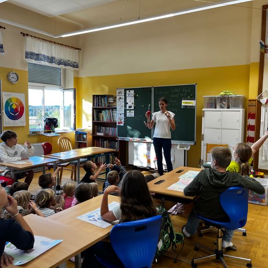 Eine Lehrerin steht vor einer Tafel in einem Klassenzimmer mit mehreren Schülern, die ihre Hände heben. Das Klassenzimmer ist mit Holztischen und Stühlen gefüllt.