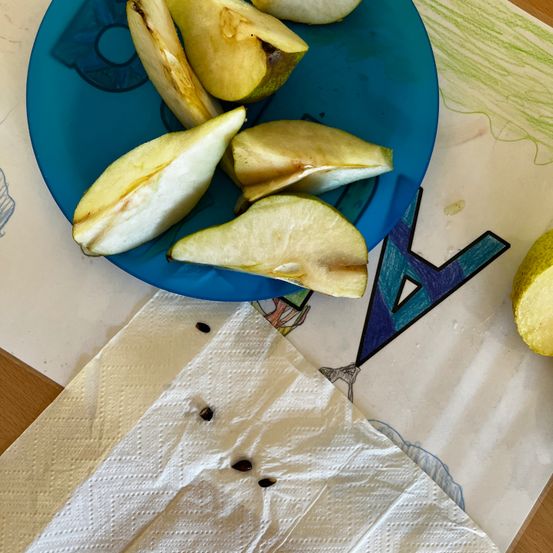 Geschnittene Birnen auf einem blauen Teller, auf einem weißen Papiertuch mit blauen und grünen Designs.