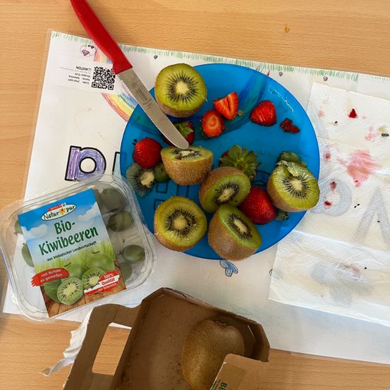Ein blauer Teller mit Kiwis und Erdbeeren, einem Messer und einem mit Flecken versehenen Papiertuch steht auf einem Schreibtisch mit einem Brief.