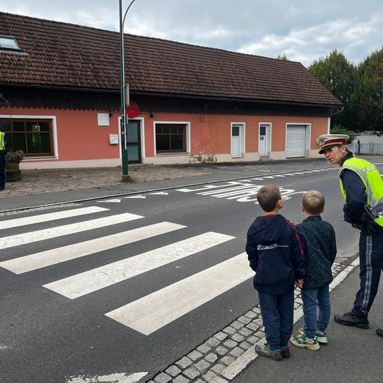 Ein Verkehrspolizist unterrichtet zwei Jungen über Fußgängersicherheit an einem Zebrastreifen. Dahinter befindet sich ein Haus mit braunem Dach und rosa Wänden.