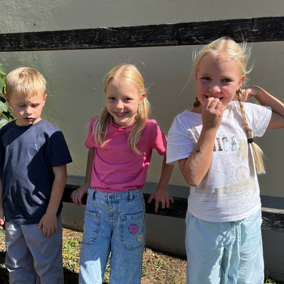 Drei junge Kinder stehen draußen. Der Junge im blauen Shirt schaut weg. Die beiden Mädchen tragen rosa und weiße Shirts und lächeln. Sie stehen in der Nähe eines Zauns.