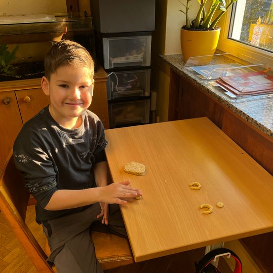 Ein junger Junge sitzt lächelnd an einem Holztisch mit einem Stück Brot und einigen Keksen darauf. Hinter ihm befindet sich ein Aquarium, ein Fenster mit einer Topfpflanze und ein Regal mit Büchern und Aufbewahrungsboxen.