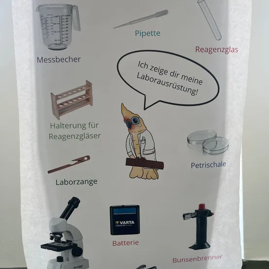 Ein Poster zeigt verschiedene Laborgeräte: Messbecher, Pipette, Reagenzglas, Laborbank, Reagenzbehälter, Mikroskop, Batterie, Bunsenbrenner und ein Papagei, der ein Reagenzglas hält.