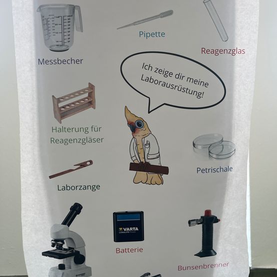 Ein Poster zeigt verschiedene Laborgeräte: Messbecher, Pipette, Reagenzglas, Laborbank, Reagenzbehälter, Mikroskop, Batterie, Bunsenbrenner und ein Papagei, der ein Reagenzglas hält.
