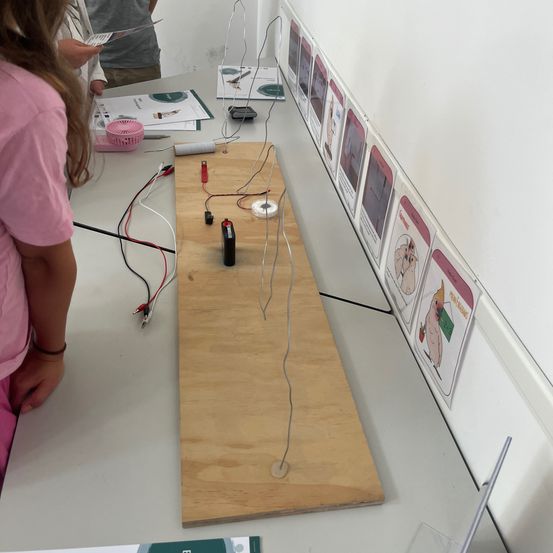 Ein Holzbrett mit Drähten und elektronischen Komponenten auf einem Tisch, eine Person steht in der Nähe.