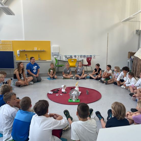 Eine Gruppe von Kindern sitzt in einem Kreis um eine rote Matte und hört einer erwachsenen Frau zu. Die Frau hält ein kleines Spielzeug, und die Kinder scheinen interessiert zu sein. Im Hintergrund befinden sich Stühle und ein Waschbecken.