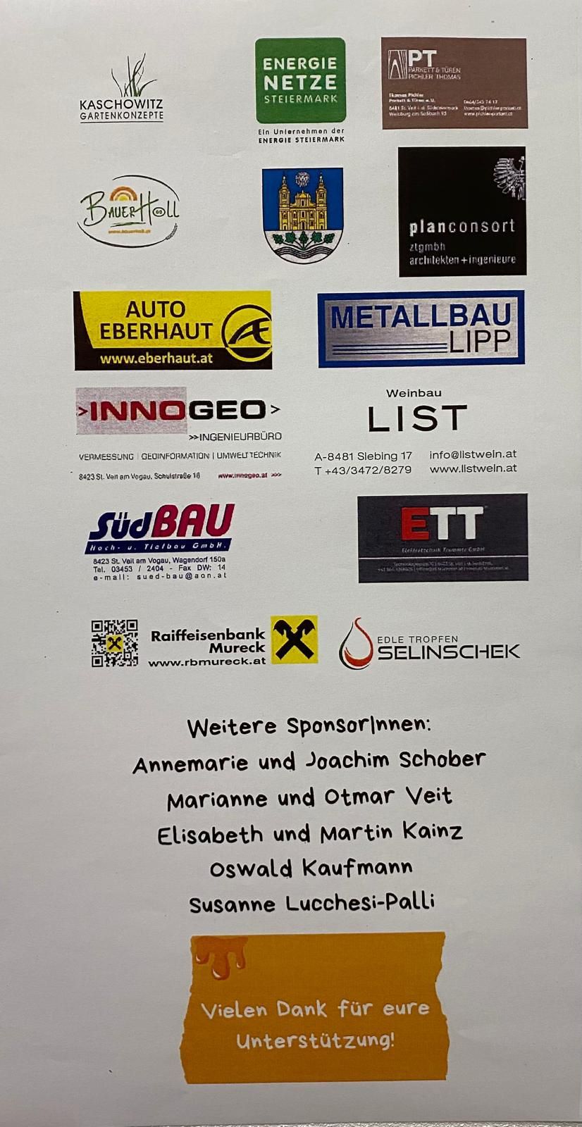 Ein Plakat zeigt Logos für AUTO EBERHAUT, METALLBAU LIPP und ETT. Informationen für INNOGEO und Weinbau LIST sind ebenfalls vorhanden. Weitere Sponsoren sind unten aufgeführt.