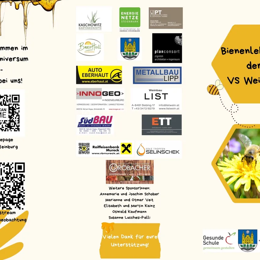 Das Plakat zeigt eine Biene auf einer Blume, Logos von Sponsoren, QR-Codes und eine Bitte um Beobachtung des Bachs. Es enthält eine Dankesbotschaft für Unterstützer.