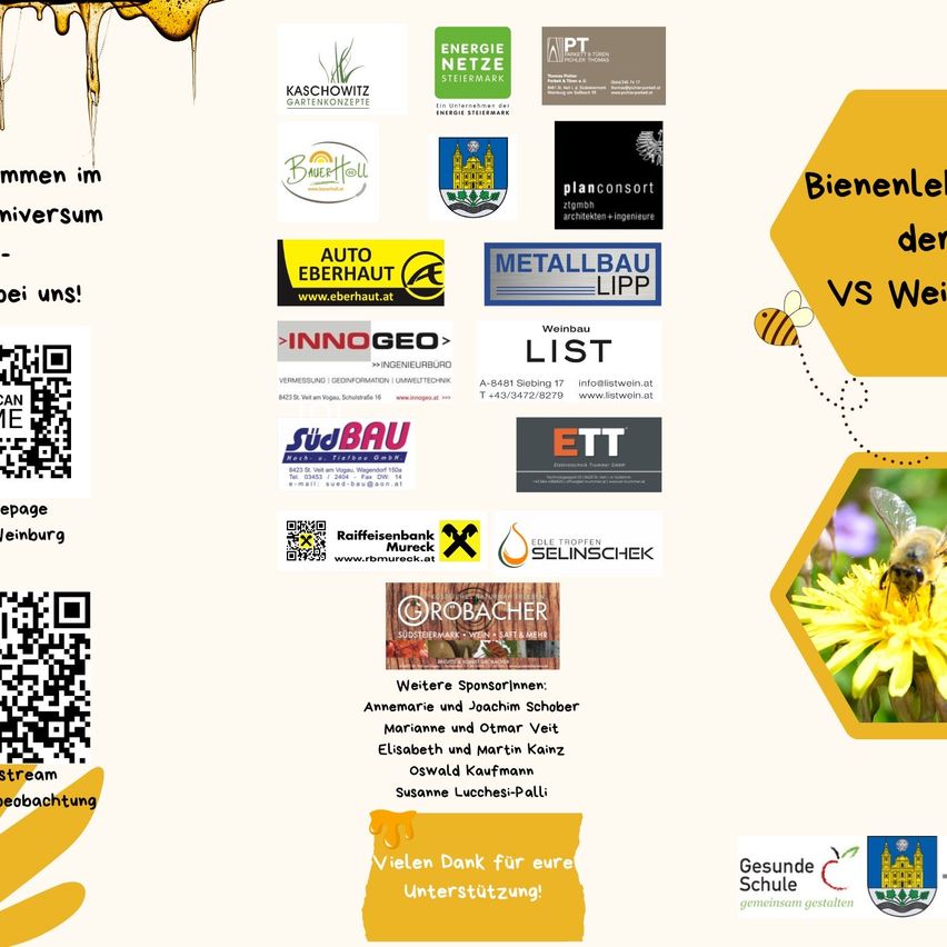Das Plakat zeigt eine Biene auf einer Blume, Logos von Sponsoren, QR-Codes und eine Bitte um Beobachtung des Bachs. Es enthält eine Dankesbotschaft für Unterstützer.