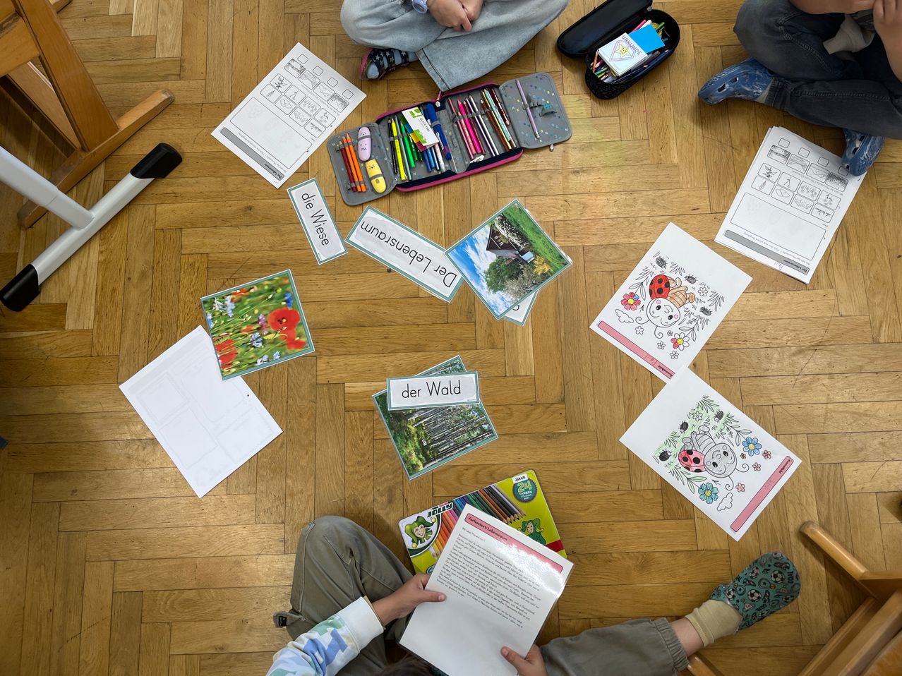 Kinder sitzen mit Malbüchern und Stiften auf dem Boden. Verschiedene Papiere und Ordner sind herum verstreut. Wörter wie 'der Wald' und 'Die Wiese' sind auf dem Boden sichtbar.