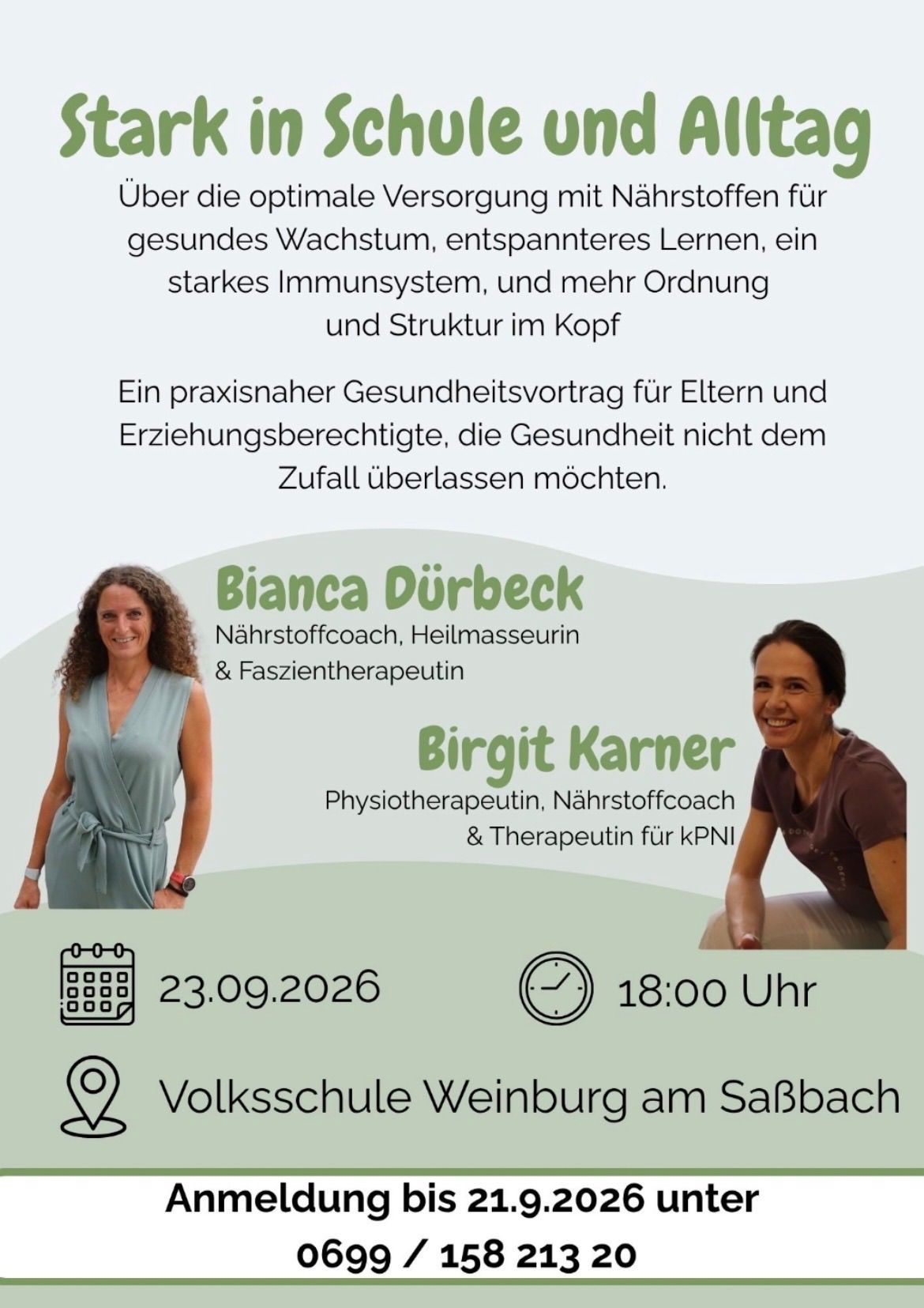 Plakat für einen Gesundheitsvortrag mit Bianca Dürbeck und Birgit Karner, geplant für den 23.09.2026 um 18:00 Uhr an der Volksschule Weinburg am SaBbach.