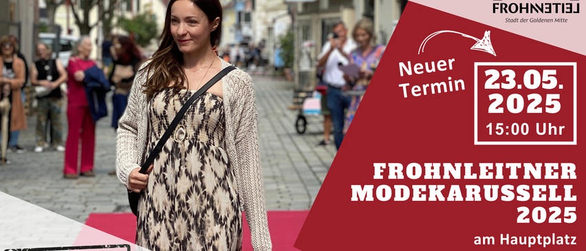 Eine Frau mit einem Leopardenmuster-Kleid geht auf einer Straße. Im Hintergrund sind verwackelte Bilder von Menschen, Gebäuden und einem Trolley zu sehen. Das Bild hat einen roten Hintergrund mit dem Text 'Neuer Termin'.