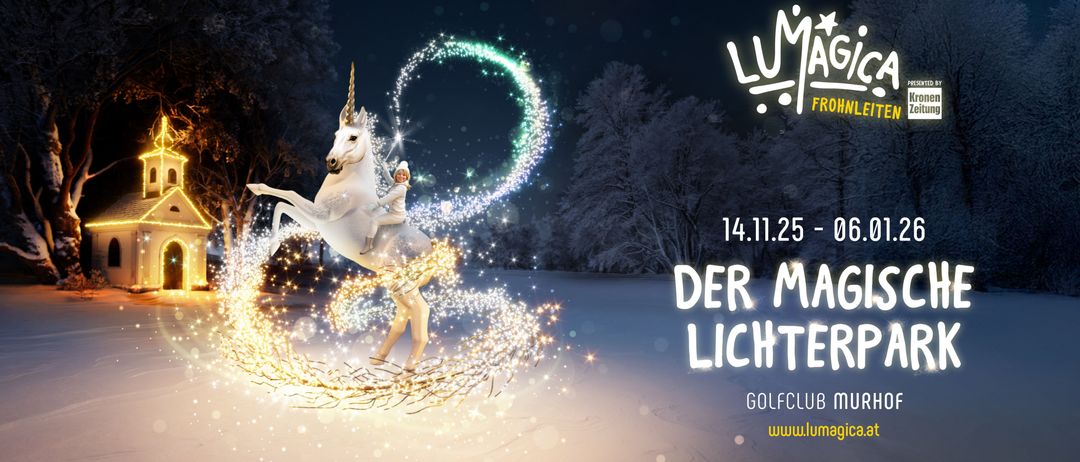 A magical image of a girl riding a unicorn through a snowy forest with lights, event date 14.11.25, hosted by Golfclub. Website www.lumag.com.