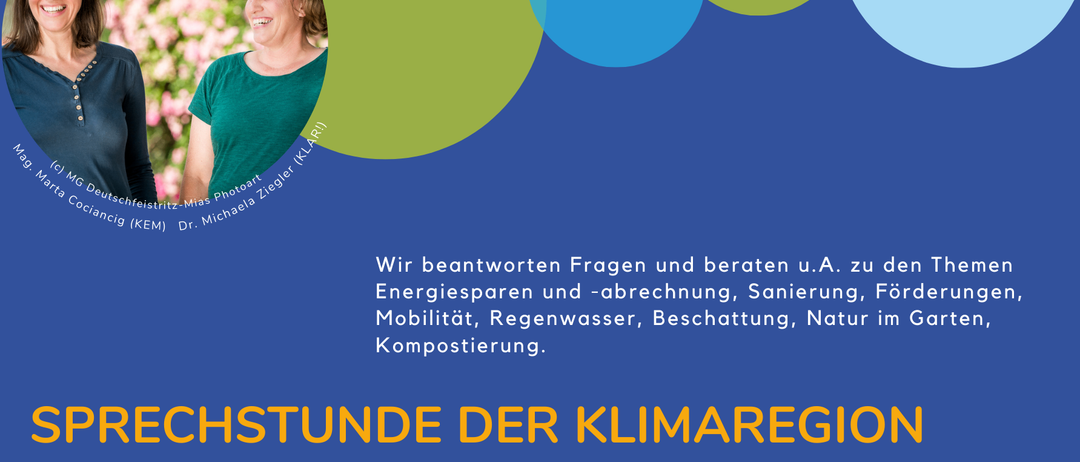 Ein Plakat mit zwei Frauen, einem Titel auf Deutsch und Details über eine Sprechstunde der Klimaregion, einschließlich Datum und Uhrzeit.