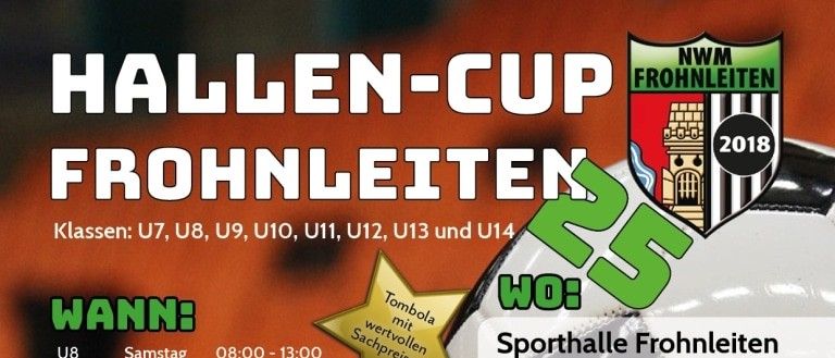 Werbeposter für den NWM Frohnleiten Hallen-Cup 2018 mit Fußball, Terminen, Zeiten und Klassen. Veranstaltungsort ist Sporthalle Frohnleiten, Erzherzog-Johann-Straße 13, 8130 Frohnleiten. 2025 byS/Pa.