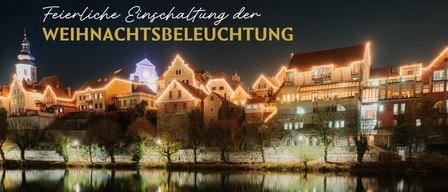 Nighttime view of a town with illuminated buildings reflected in the water. The town is surrounded by trees, and the buildings are lit up with warm lights. The image is taken at night.