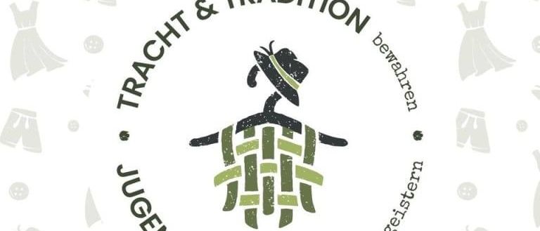 Ein Plakat mit verschiedenen Kleidungssymbolen und einer zentralen Illustration einer Figur in traditioneller Kleidung. Der Text um die Figur herum lautet 'TRACHT & TRADITION' und 'JUGEND & EHRNEMAT'. Logos verschiedener Organisationen erscheinen unten.