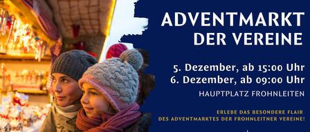 Das Bild zeigt ein Kind und einen Erwachsenen in Winterkleidung. Es hebt ein Adventsmarkt-Event für den 5. und 6. Dezember hervor.