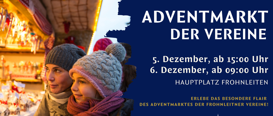 Ein Bild zeigt zwei Kinder in Winterkleidung. Der Text lautet: Advent der 5. Dezember, 6. Dezember, Hauptplatz. Erleben Sie den Adventmarkt von Freiburg.