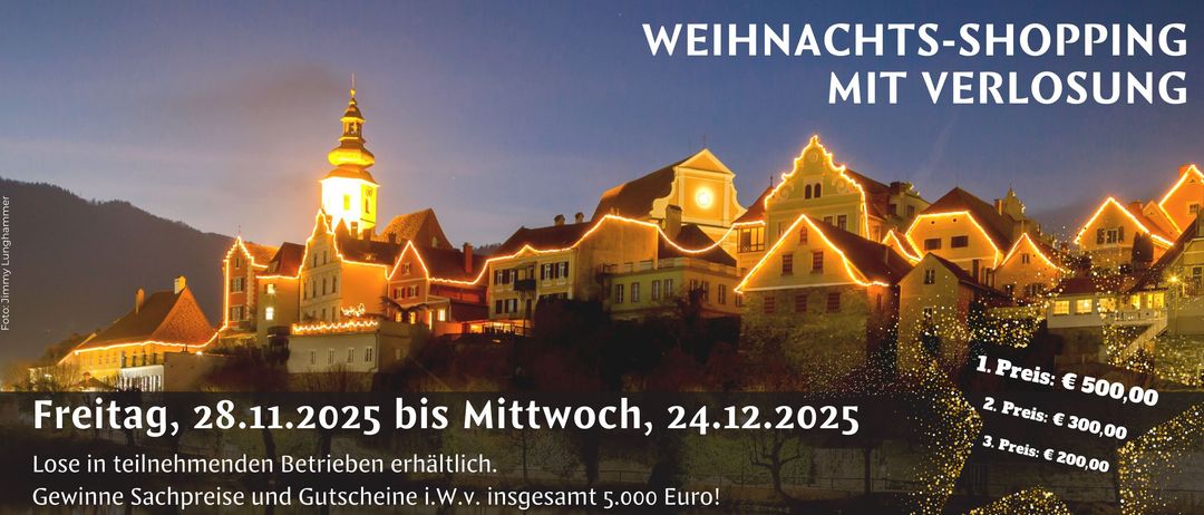 Weihnachts mit V. Ein Event vom 1.2025 bis 24.12.2025. Gutscheine insgesamt 5.000 Euro. Am 10.01.2026, 11 Uhr, Hauptplatz.