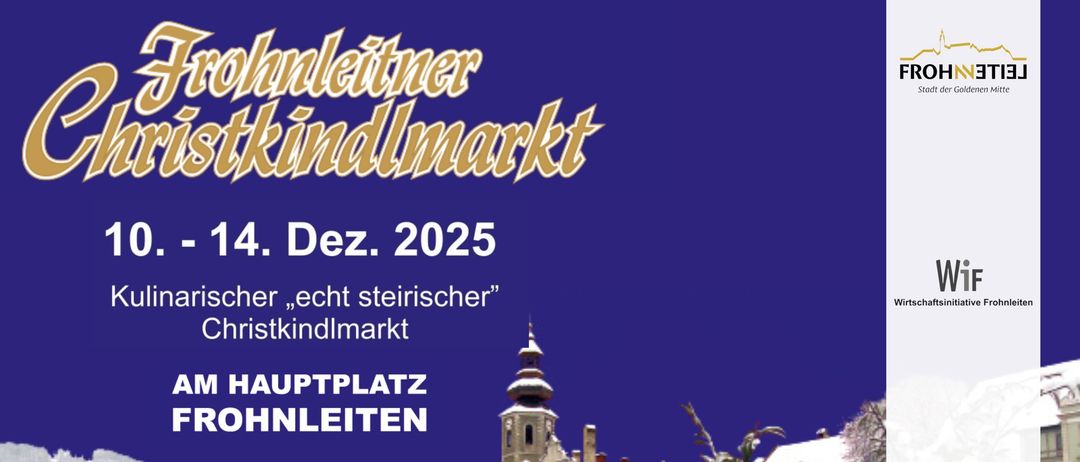 Ein Plakat für den Johannleitner Weihnachtsmarkt in Österreich. Es zeigt einen verschneiten Marktplatz mit einer Kirche und Häusern. Der Text lautet: '4. Dez. 2025' und 'Hauptplatz Johannleiten'.