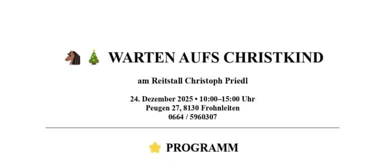 Ein Plakat für eine Weihnachtsveranstaltung bei Christoph Friedl am 24. Dezember 2025. Angebote umfassen eine Küchentour, einen QR-Code zur Reservierung, Snacks für Kinder, Weihnachtsmusik und eine gemütliche Familienatmosphäre. Es wird empfohlen, über QR-Code oder WhatsApp zu reservieren.