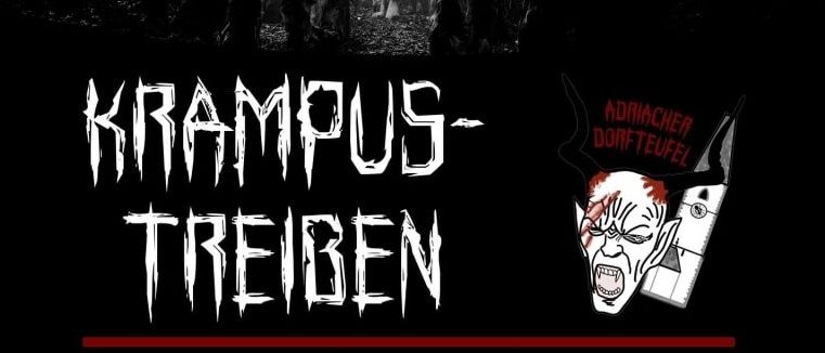Plakat für die Krampus Treiben-Veranstaltung. Dunkles Bild mit Krampus-Charakteren im Wald. Datum und Uhrzeit für die Veranstaltung am 05.12.2025 um 17:00 Uhr.