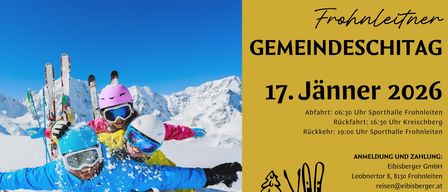 Plakat für eine Gemeinde-Skifahrt am 17. Januar. Abfahrt um 6:30 Uhr, Rückkehr um 19:00 Uhr. Zeigt eine verschneite Berglandschaft und Skifahrer.
