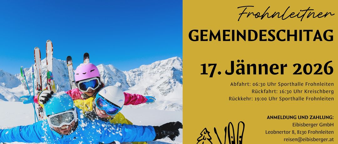 Plakat für eine Gemeinde-Skifahrt am 17. Januar. Abfahrt um 6:30 Uhr, Rückkehr um 19:00 Uhr. Zeigt eine verschneite Berglandschaft und Skifahrer.