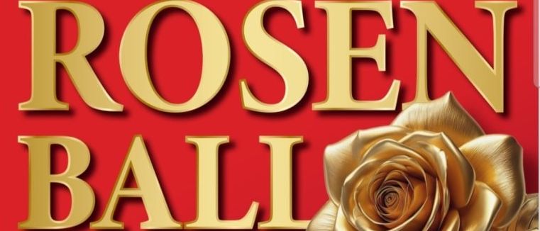 Ein roter Plakat, das den Rosen Ball am 10. Januar 2026 im Volkshaus Frohnleiten ankündigt. Die Veranstaltung beginnt um 20:30 Uhr, der Einlass ist um 20:00 Uhr. Das Plakat zeigt eine goldene Rose.