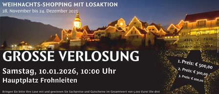 Die Werbung für das Shopping mit einem guten Zweck zeigt eine festlich beleuchtete Stadtnacht. Gewinne bis zu 5.000 Euro sind verfügbar. Gewinner werden bis zum 13. Januar 2026 auf www.frohnleiten.com bekannt gegeben. Die Gewinne können bis zum 30. Januar abgeholt werden.