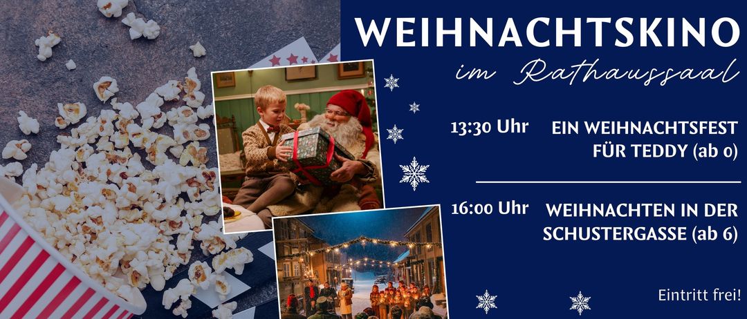 Ein Plakat für eine Weihnachtsveranstaltung im Rathaus mit dem Weihnachtsmann, der einem Kind ein Geschenk gibt, und einer Menschenmenge, die Weihnachtslieder singt.
