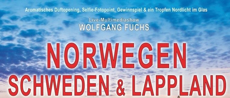 Werbeplakat für eine Reiseveranstaltung nach Norwegen, Schweden und Lappland am 24. Februar 2026 mit einer malerischen Aussicht auf einen Leuchtturm, Felsen und eine Wasserfläche.