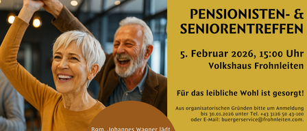 Das Bild zeigt ein älteres Paar, das lächelt. Der Text lautet: 'Johannes Wagner lädt alle Seniorinnen zu einem angenehmen Nachmittag mit musikalischer Unterhaltung und entspannenden Gesprächen ein.' Datum: 5. Februar 2026.
