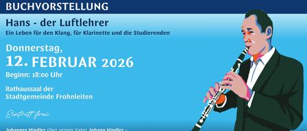 A poster for a clarinet lecture by Johann Hindler in 2026, featuring a person playing a clarinet. The poster is blue with white text.