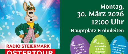 A promotional image for an Easter tour, featuring a mascot on a green background with Easter eggs and the text '30. Mai 12: Hauptplatz F' and 'Ostergaudi fur Kinder, Eltern & GroBeltern'.
