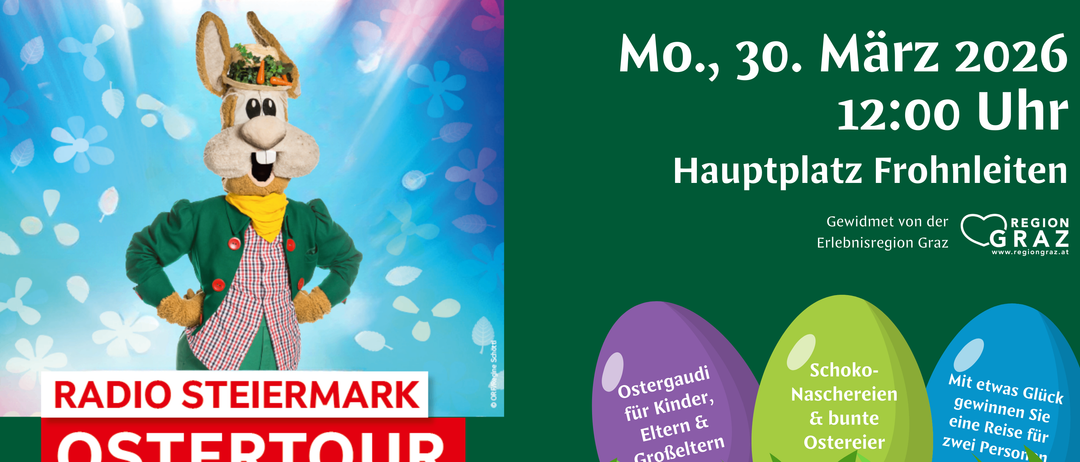Ein Bild mit einer Cartoon-Mascotte mit dem Text 'Mo., 30. Hauptplat'. Die Maskottchen trägt einen Hut mit Gemüse und ein buntes Outfit. Unten befinden sich zwei Eier mit den Texten 'Ostergau' und 'Schei'. Es scheint eine Werbung für eine Osterveranstaltung zu sein.