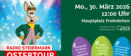 Ein Bild mit einer Cartoon-Mascotte mit dem Text 'Mo., 30. Hauptplat'. Die Maskottchen trägt einen Hut mit Gemüse und ein buntes Outfit. Unten befinden sich zwei Eier mit den Texten 'Ostergau' und 'Schei'. Es scheint eine Werbung für eine Osterveranstaltung zu sein.