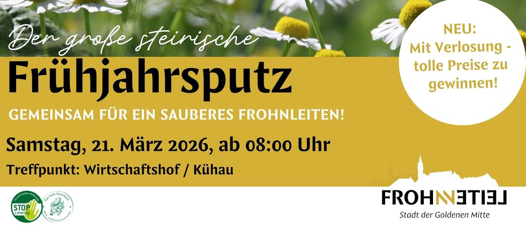 Ein Plakat für die steirische Frühjahrsveranstaltung mit Blumen. Der Termin ist März 2026, Beginn um 08:00 Uhr in Schaftshof/Kühau. Es geht um eine saubere Froschführung.
