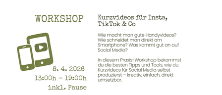 Workshop zu Kurzvideos für Instagram, TikTok & Co. Lerne Tipps und Tools zum Erstellen von ansprechenden Videos. Datum: 8. April 2026, 13:00 - 19:00 Uhr. Anmeldung: mi.plasencia@logo.at. Kostenlos für Jugendliche aus dem Bergland und Traditionsvereine.