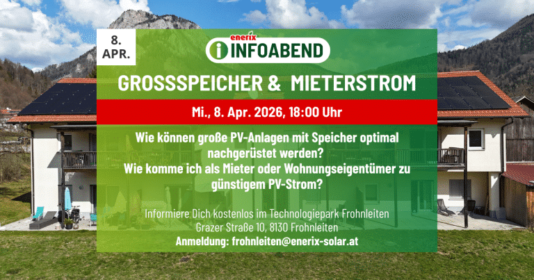 Ein Infoposter über ein Haus mit Solarmodulen. Es bietet Details zu einer Informationsveranstaltung am 8. April 2026 mit Fokus auf die optimale Nutzung großer PV-Systeme mit Speicher.
